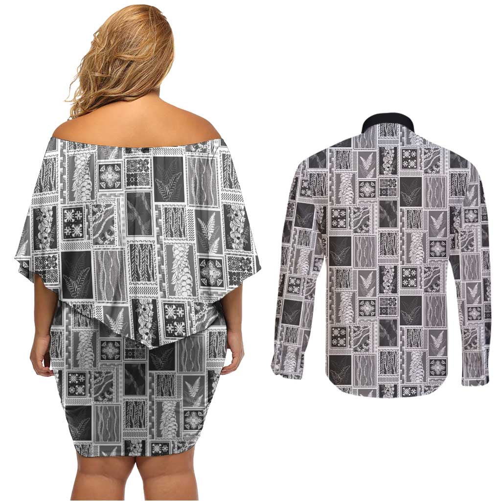Vintage Aloha Block Quilt Couples Matching Off Shoulder Short Dress and Long Sleeve Button Shirt Black Inspired Lei Motifs LT9 - Polynesian Pride