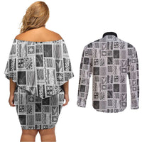 Vintage Aloha Block Quilt Couples Matching Off Shoulder Short Dress and Long Sleeve Button Shirt Black Inspired Lei Motifs LT9 - Polynesian Pride