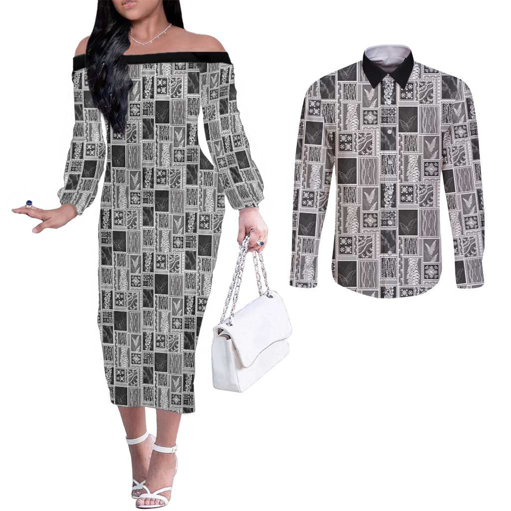 Vintage Aloha Block Quilt Couples Matching Off The Shoulder Long Sleeve Dress and Long Sleeve Button Shirt Black Inspired Lei Motifs - Polynesian Pride