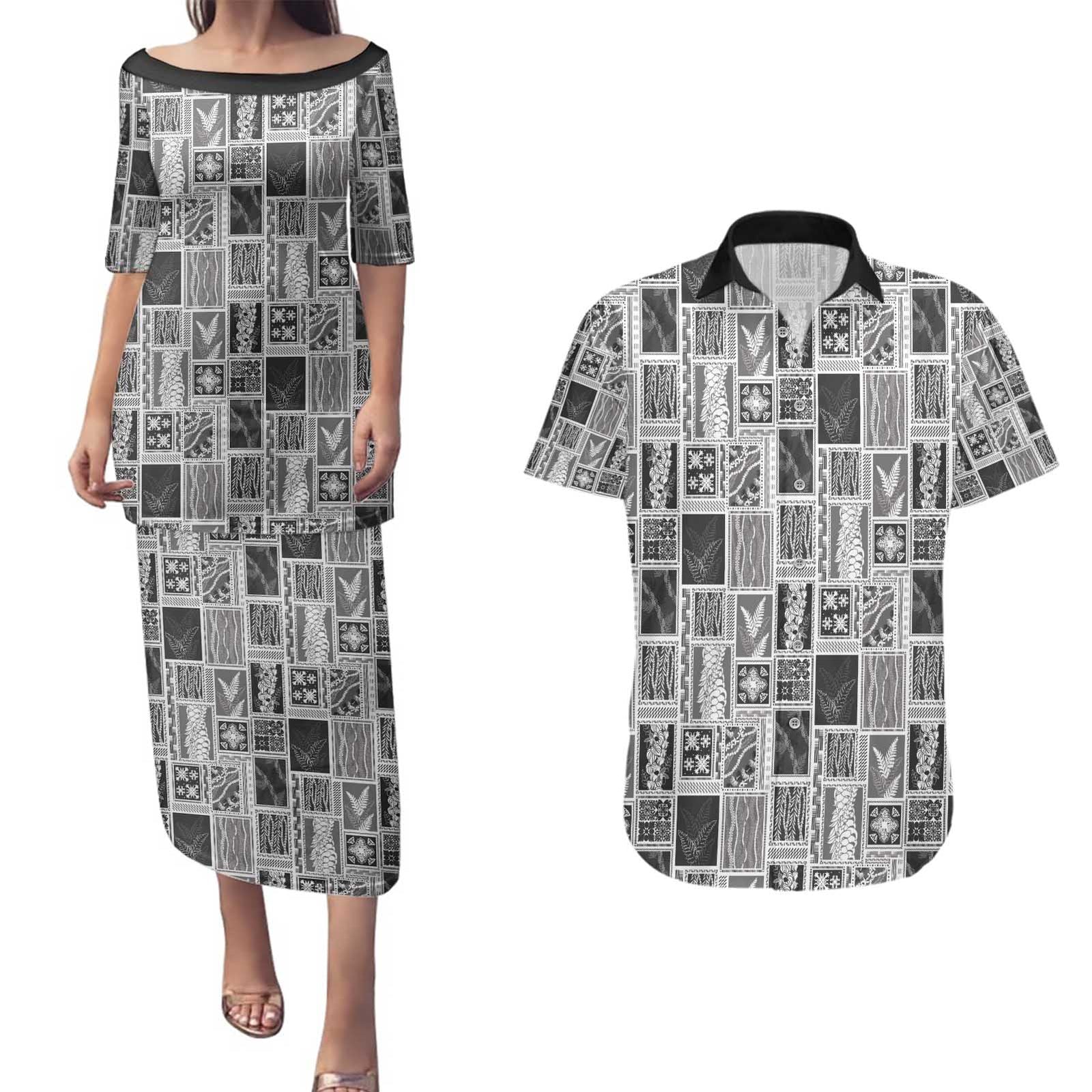 Vintage Aloha Block Quilt Couples Matching Puletasi and Hawaiian Shirt Black Inspired Lei Motifs - Polynesian Pride