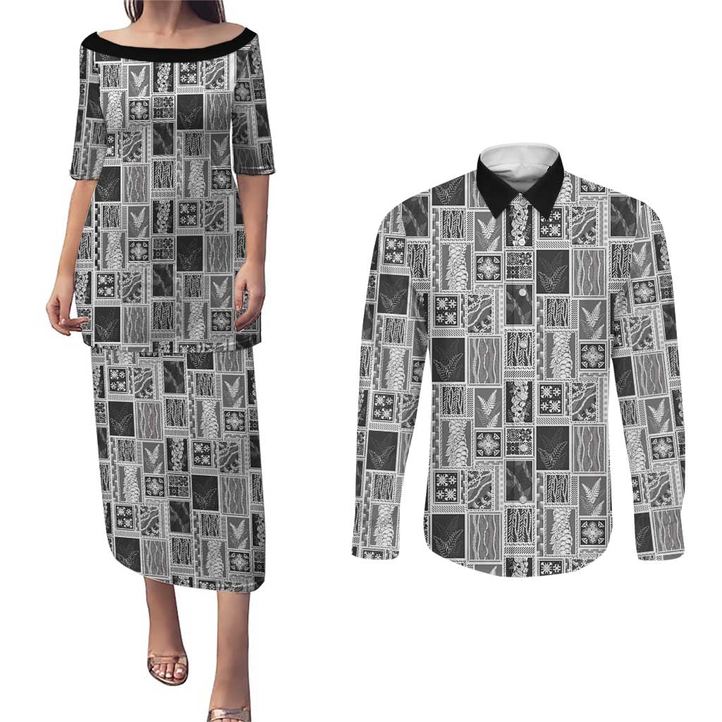 Vintage Aloha Block Quilt Couples Matching Puletasi and Long Sleeve Button Shirt Black Inspired Lei Motifs - Polynesian Pride
