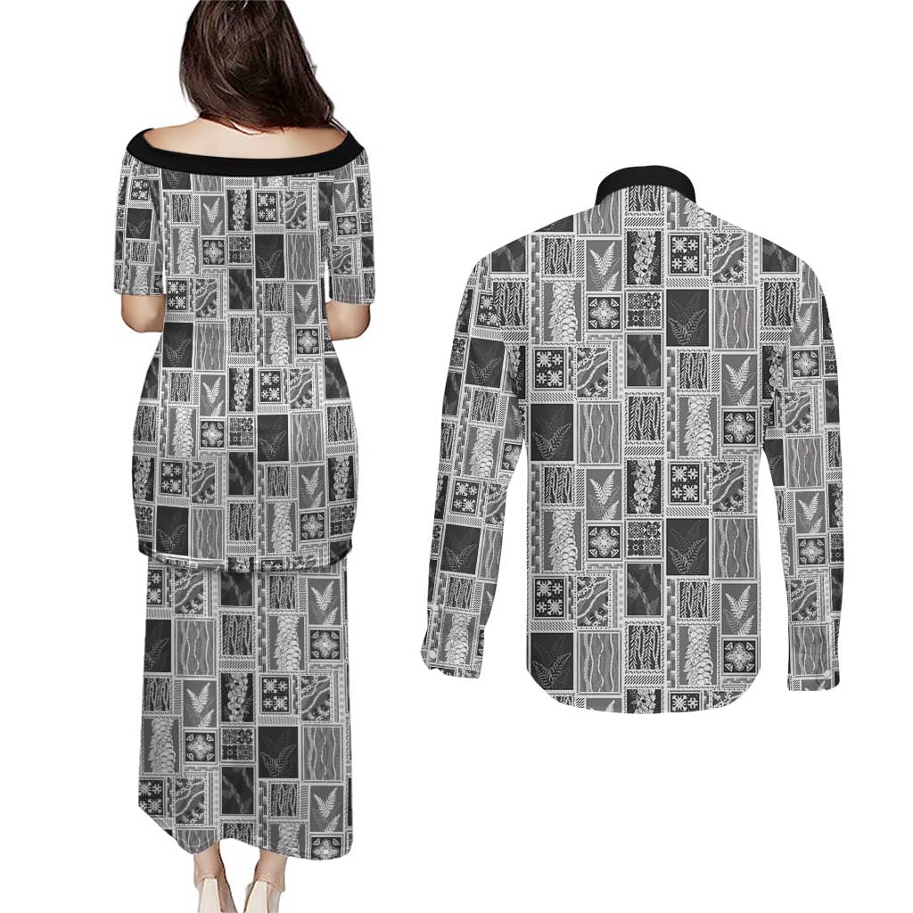 Vintage Aloha Block Quilt Couples Matching Puletasi and Long Sleeve Button Shirt Black Inspired Lei Motifs LT9 - Polynesian Pride
