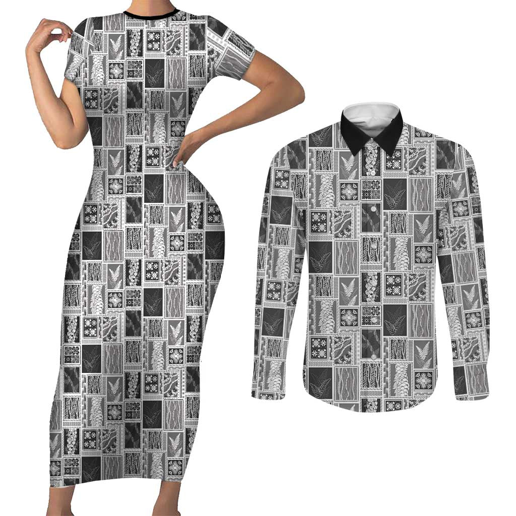Vintage Aloha Block Quilt Couples Matching Short Sleeve Bodycon Dress and Long Sleeve Button Shirt Black Inspired Lei Motifs - Polynesian Pride