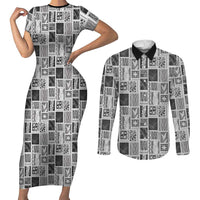 Vintage Aloha Block Quilt Couples Matching Short Sleeve Bodycon Dress and Long Sleeve Button Shirt Black Inspired Lei Motifs - Polynesian Pride