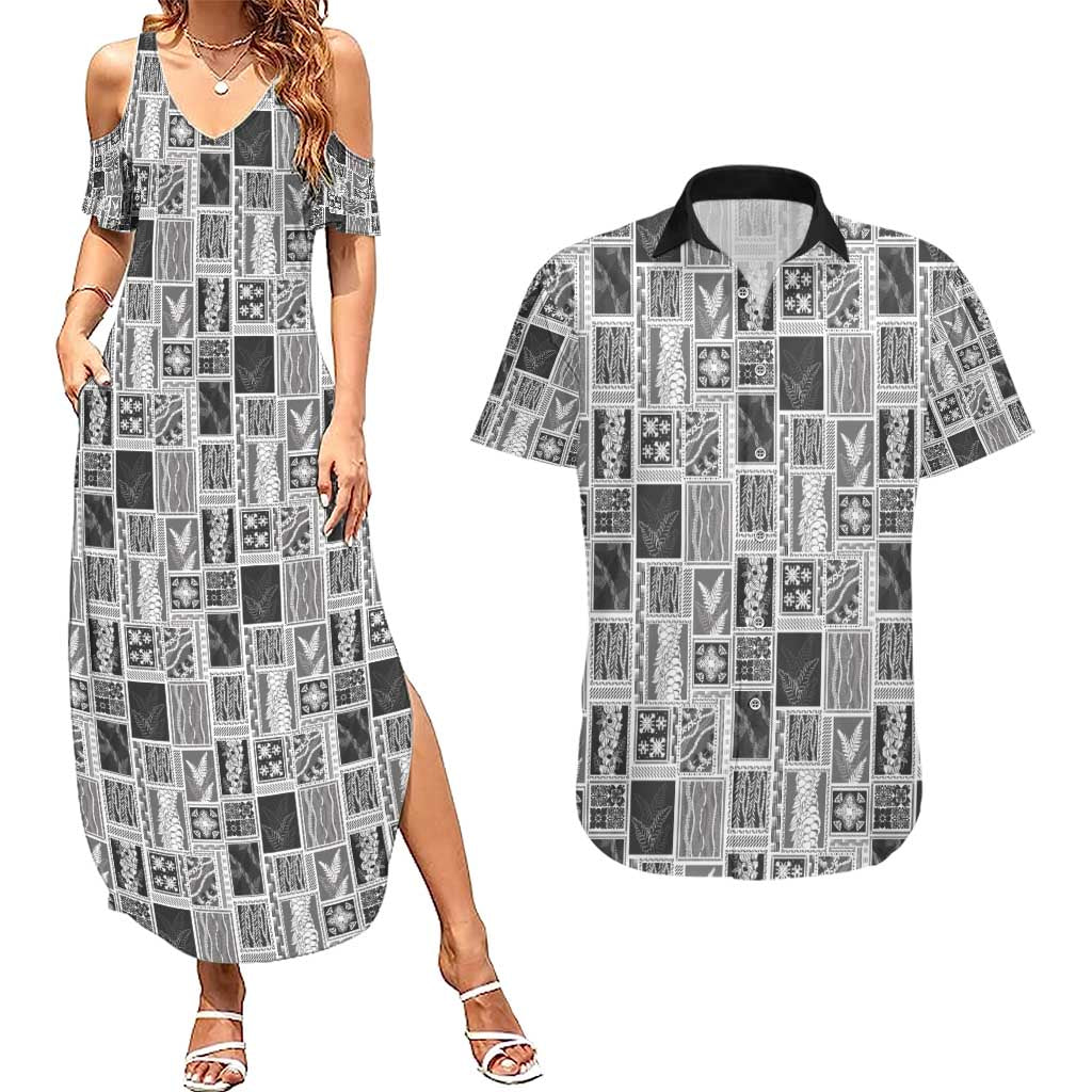 Vintage Aloha Block Quilt Couples Matching Summer Maxi Dress and Hawaiian Shirt Black Inspired Lei Motifs - Polynesian Pride