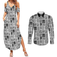 Vintage Aloha Block Quilt Couples Matching Summer Maxi Dress and Long Sleeve Button Shirt Black Inspired Lei Motifs LT9 Black - Polynesian Pride