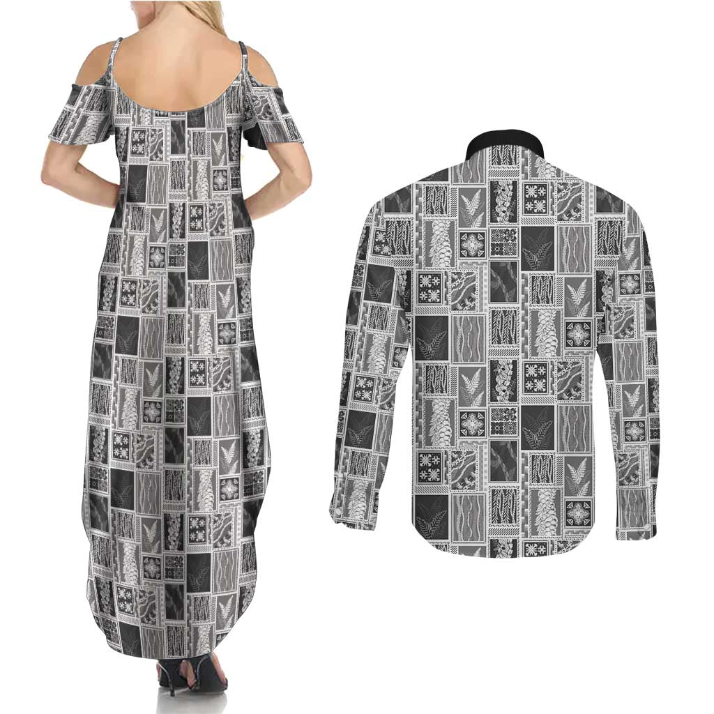 Vintage Aloha Block Quilt Couples Matching Summer Maxi Dress and Long Sleeve Button Shirt Black Inspired Lei Motifs LT9 - Polynesian Pride