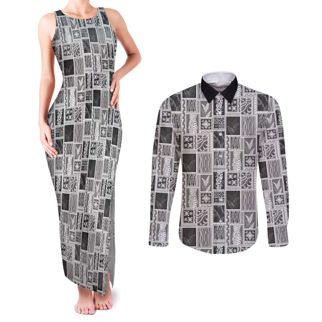 Vintage Aloha Block Quilt Couples Matching Tank Maxi Dress and Long Sleeve Button Shirt Black Inspired Lei Motifs LT9 Black - Polynesian Pride
