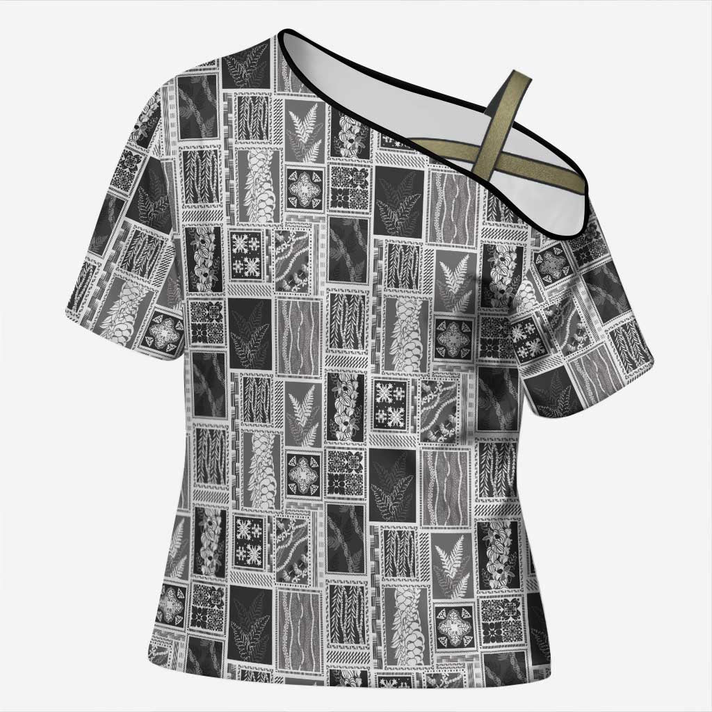 Vintage Aloha Block Quilt Cross Shoulder Shirt Black Inspired Lei Motifs LT9 Female Black - Polynesian Pride