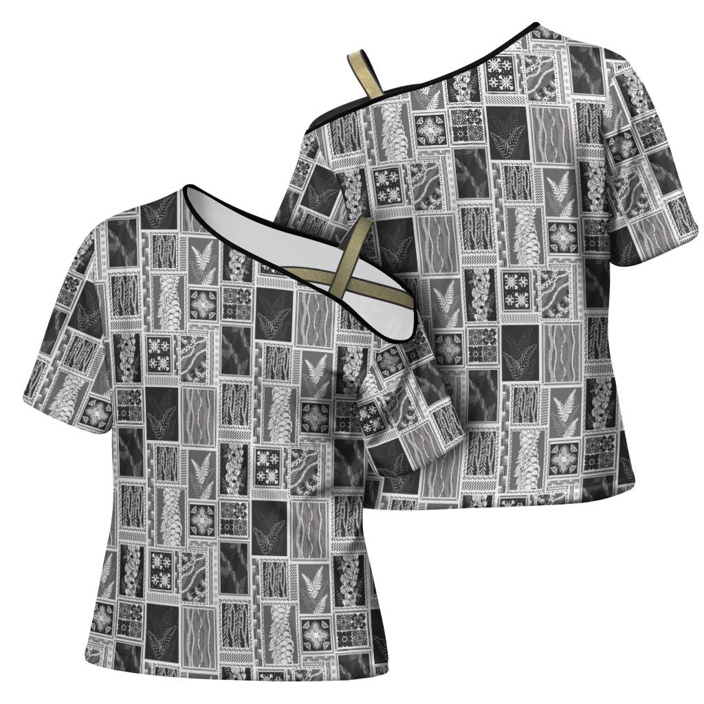 Vintage Aloha Block Quilt Cross Shoulder Shirt Black Inspired Lei Motifs - Polynesian Pride