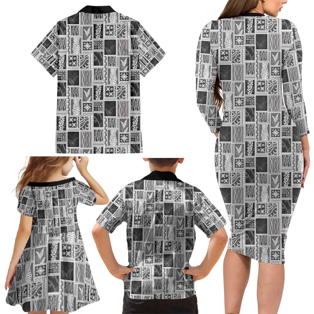 Vintage Aloha Block Quilt Family Matching Long Sleeve Bodycon Dress and Hawaiian Shirt Black Inspired Lei Motifs - Polynesian Pride