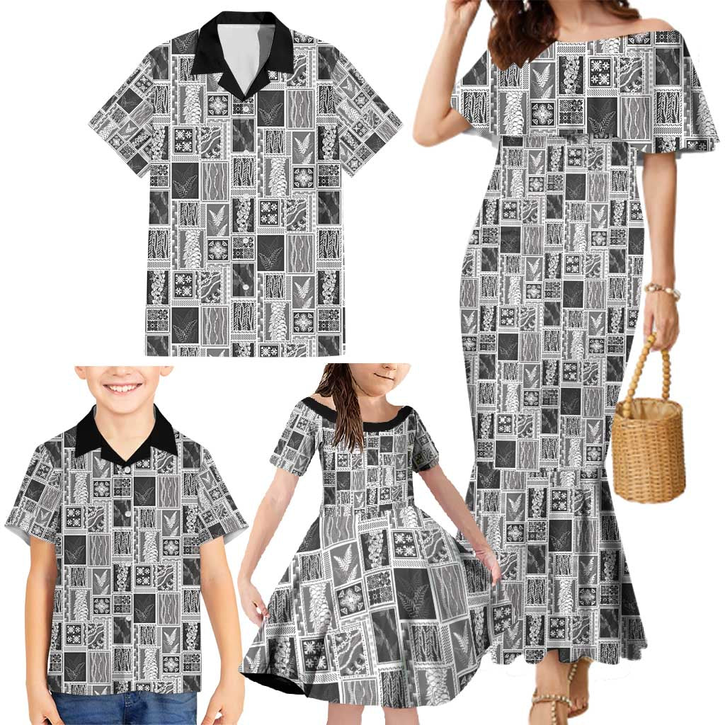Vintage Aloha Block Quilt Family Matching Mermaid Dress and Hawaiian Shirt Black Inspired Lei Motifs - Polynesian Pride