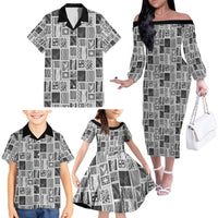 Vintage Aloha Block Quilt Family Matching Off The Shoulder Long Sleeve Dress and Hawaiian Shirt Black Inspired Lei Motifs - Polynesian Pride