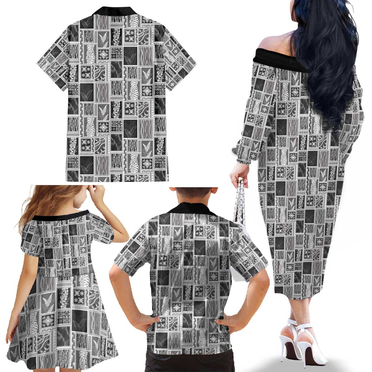 Vintage Aloha Block Quilt Family Matching Off The Shoulder Long Sleeve Dress and Hawaiian Shirt Black Inspired Lei Motifs - Polynesian Pride