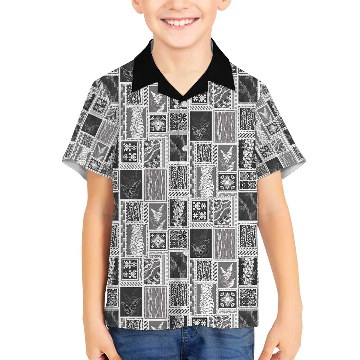 Vintage Aloha Block Quilt Family Matching Off The Shoulder Long Sleeve Dress and Hawaiian Shirt Black Inspired Lei Motifs - Polynesian Pride