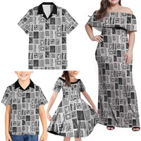 Vintage Aloha Block Quilt Family Matching Off Shoulder Maxi Dress and Hawaiian Shirt Black Inspired Lei Motifs - Polynesian Pride