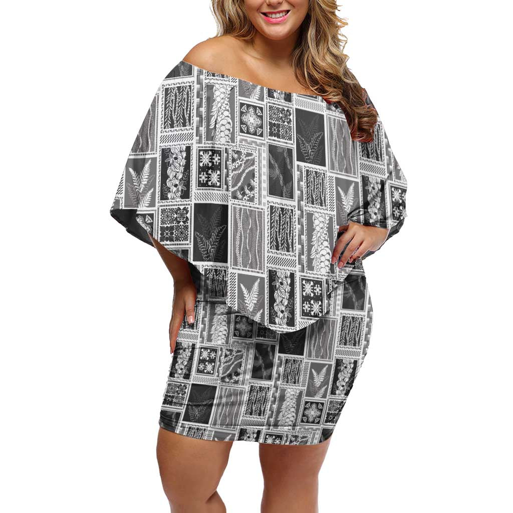 Vintage Aloha Block Quilt Family Matching Off Shoulder Short Dress and Hawaiian Shirt Black Inspired Lei Motifs - Polynesian Pride