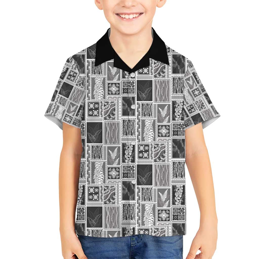 Vintage Aloha Block Quilt Family Matching Off Shoulder Short Dress and Hawaiian Shirt Black Inspired Lei Motifs - Polynesian Pride