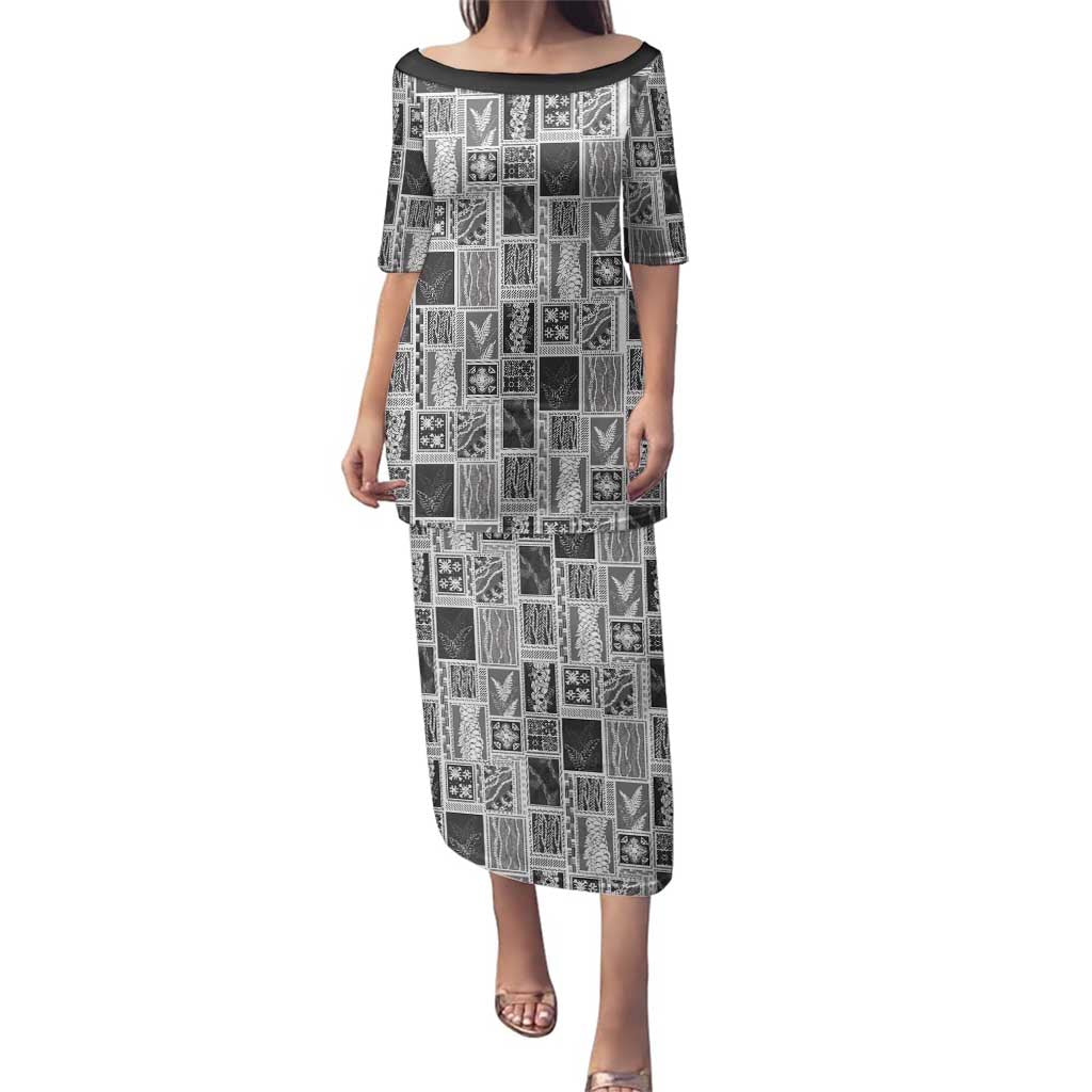 Vintage Aloha Block Quilt Family Matching Puletasi and Hawaiian Shirt Black Inspired Lei Motifs - Polynesian Pride