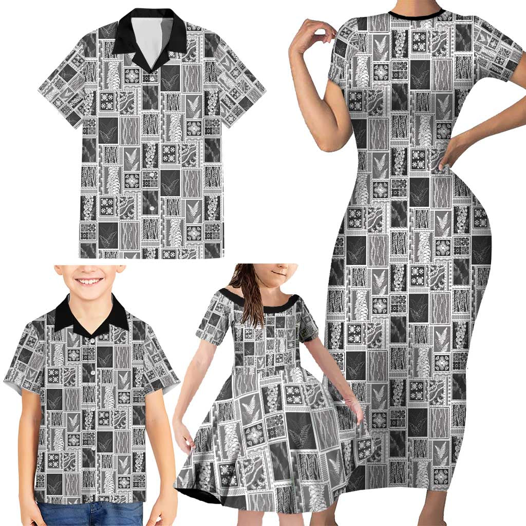 Vintage Aloha Block Quilt Family Matching Short Sleeve Bodycon Dress and Hawaiian Shirt Black Inspired Lei Motifs - Polynesian Pride