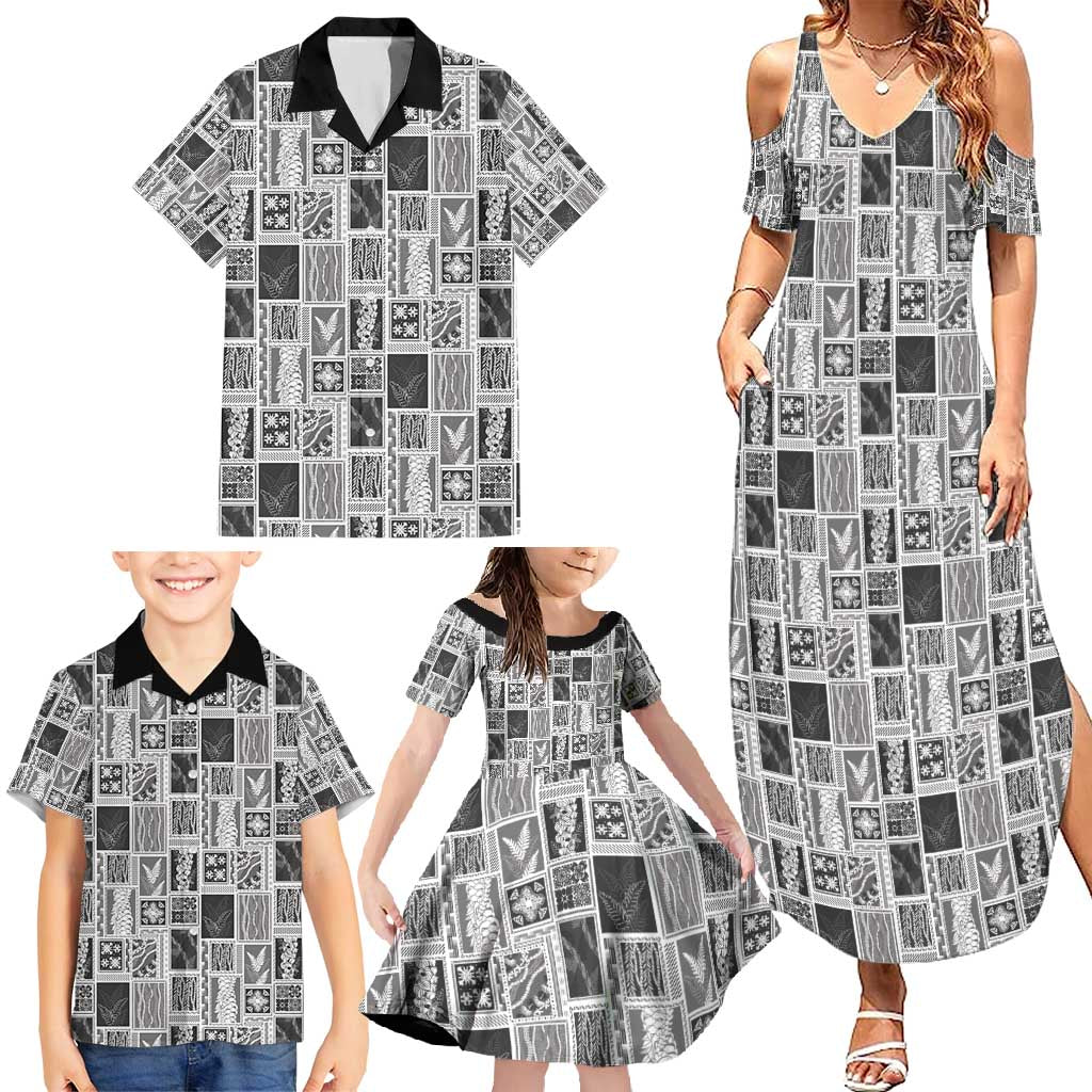 Vintage Aloha Block Quilt Family Matching Summer Maxi Dress and Hawaiian Shirt Black Inspired Lei Motifs - Polynesian Pride