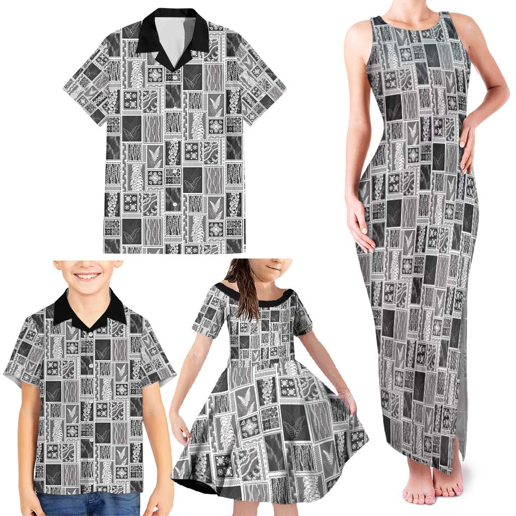 Vintage Aloha Block Quilt Family Matching Tank Maxi Dress and Hawaiian Shirt Black Inspired Lei Motifs - Polynesian Pride