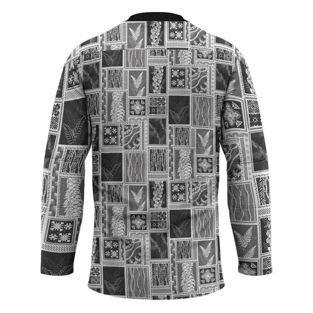 Vintage Aloha Block Quilt Hockey Jersey Black Inspired Lei Motifs - Polynesian Pride
