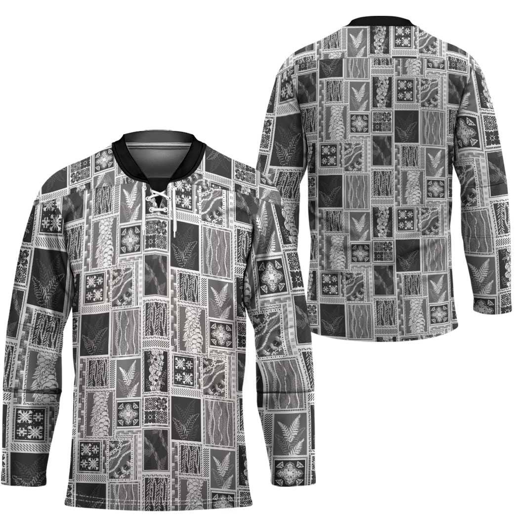Vintage Aloha Block Quilt Hockey Jersey Black Inspired Lei Motifs - Polynesian Pride