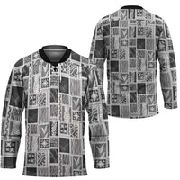 Vintage Aloha Block Quilt Hockey Jersey Black Inspired Lei Motifs - Polynesian Pride