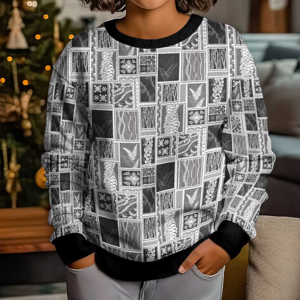 Vintage Aloha Block Quilt Kid Ugly Christmas Sweater Black Inspired Lei Motifs - Polynesian Pride