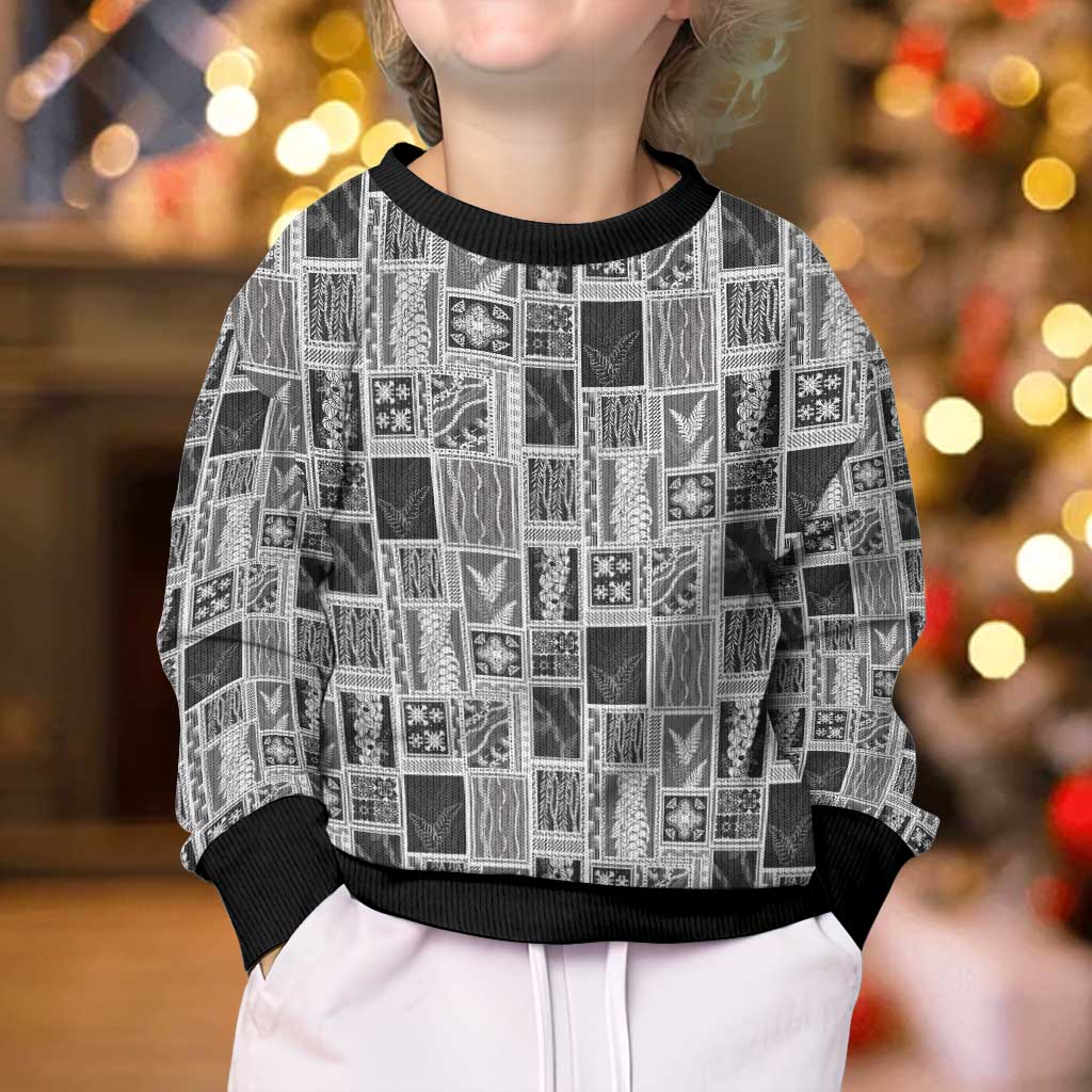 Vintage Aloha Block Quilt Kid Ugly Christmas Sweater Black Inspired Lei Motifs - Polynesian Pride