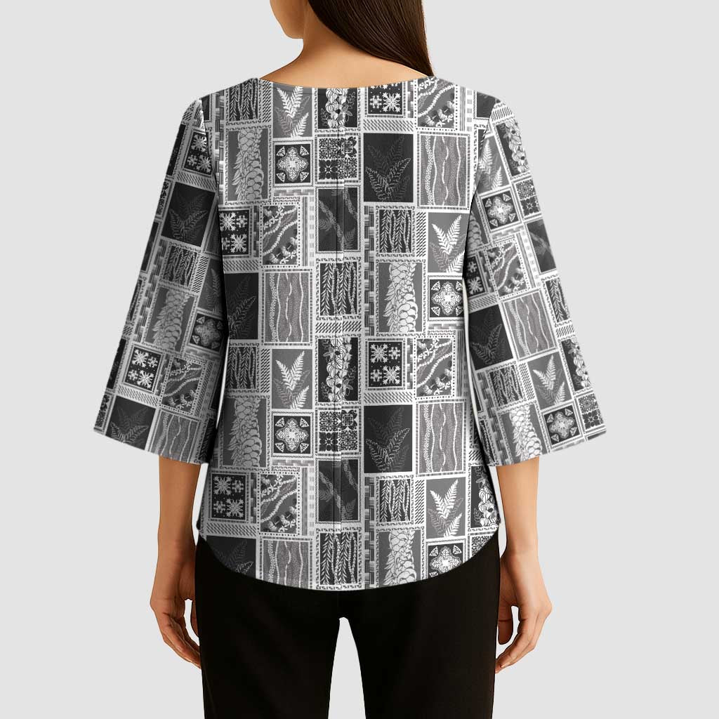 Vintage Aloha Block Quilt Kimono Sleeve Blouse Black Inspired Lei Motifs - Polynesian Pride