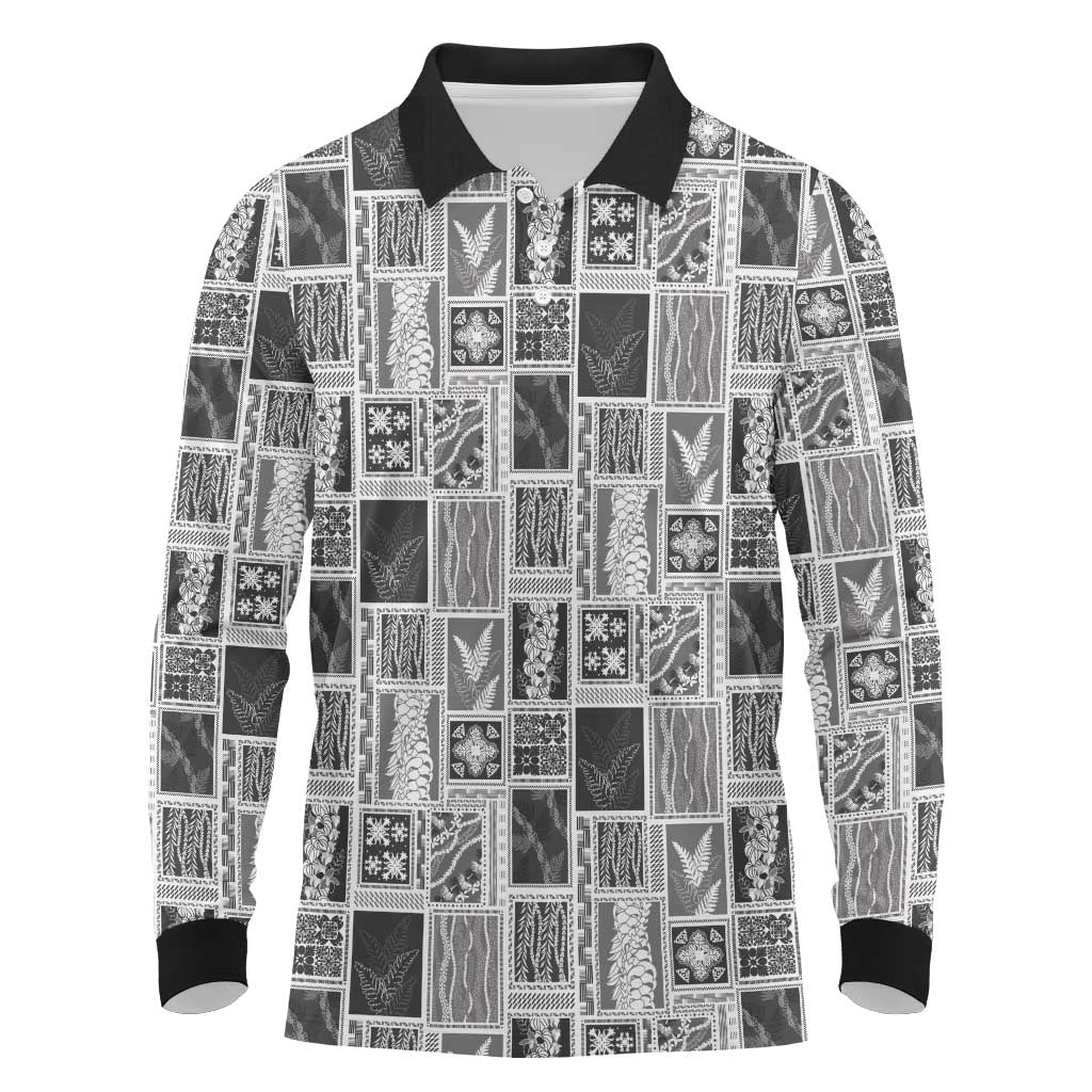 Vintage Aloha Block Quilt Long Sleeve Polo Shirt Black Inspired Lei Motifs LT9 Black - Polynesian Pride