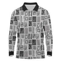 Vintage Aloha Block Quilt Long Sleeve Polo Shirt Black Inspired Lei Motifs LT9 Black - Polynesian Pride