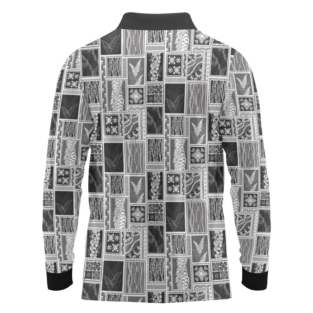 Vintage Aloha Block Quilt Long Sleeve Polo Shirt Black Inspired Lei Motifs LT9 - Polynesian Pride
