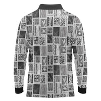 Vintage Aloha Block Quilt Long Sleeve Polo Shirt Black Inspired Lei Motifs LT9 - Polynesian Pride
