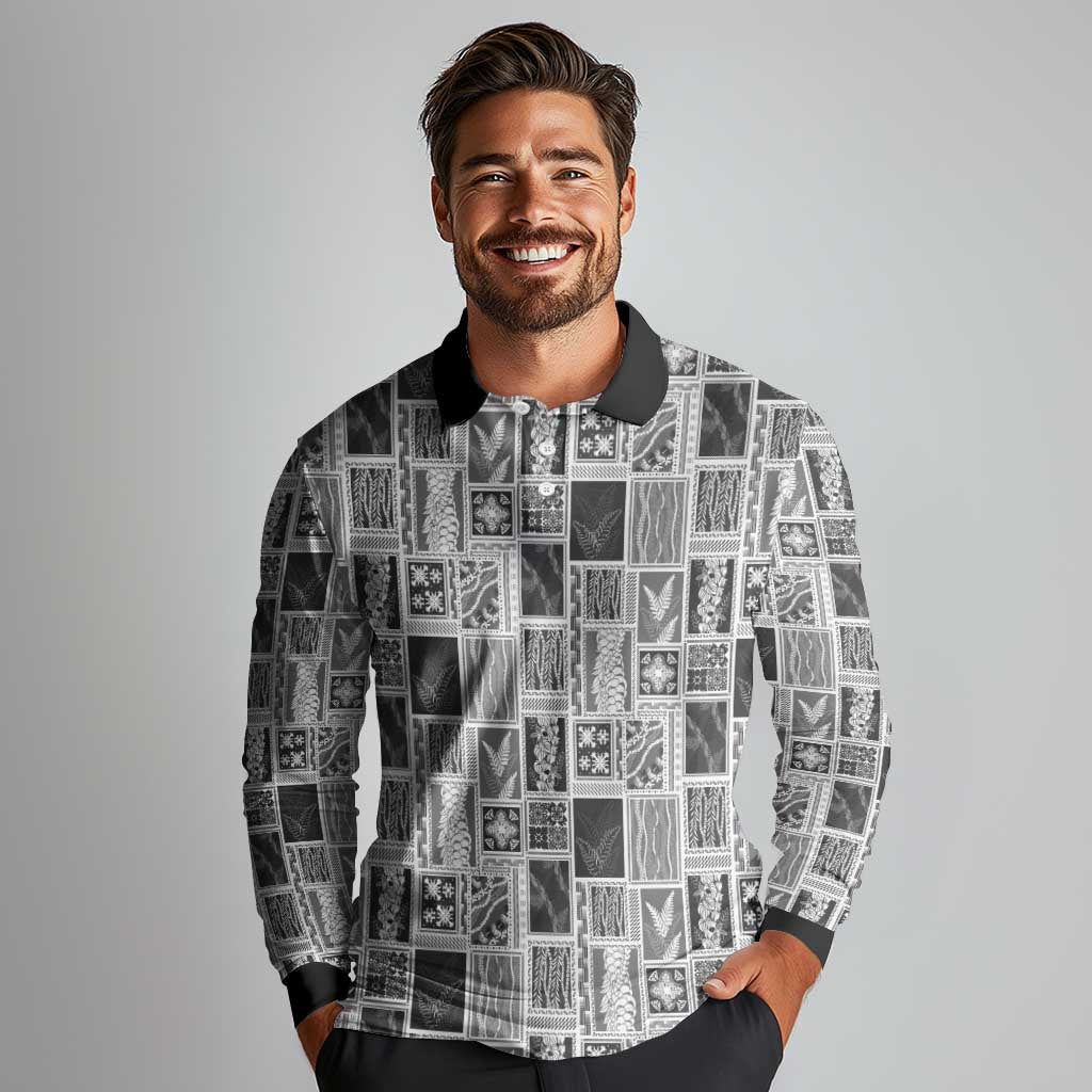 Vintage Aloha Block Quilt Long Sleeve Polo Shirt Black Inspired Lei Motifs LT9 - Polynesian Pride