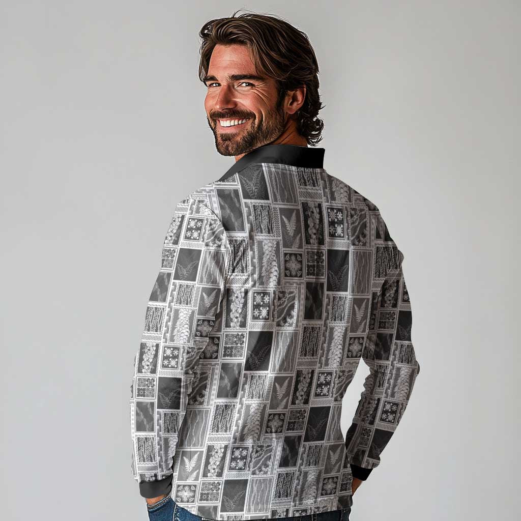 Vintage Aloha Block Quilt Long Sleeve Polo Shirt Black Inspired Lei Motifs LT9 - Polynesian Pride