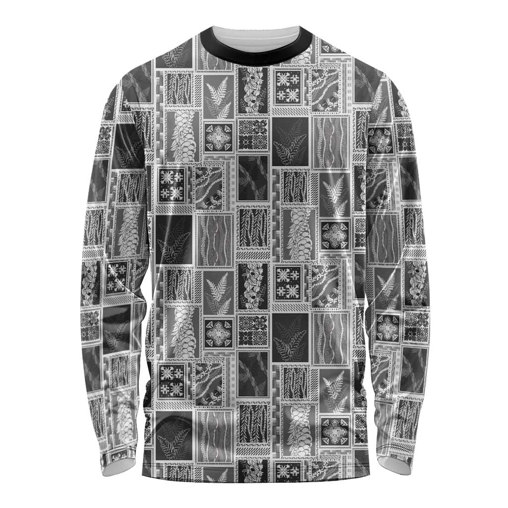 Vintage Aloha Block Quilt Long Sleeve Shirt Black Inspired Lei Motifs LT9 Unisex Black - Polynesian Pride