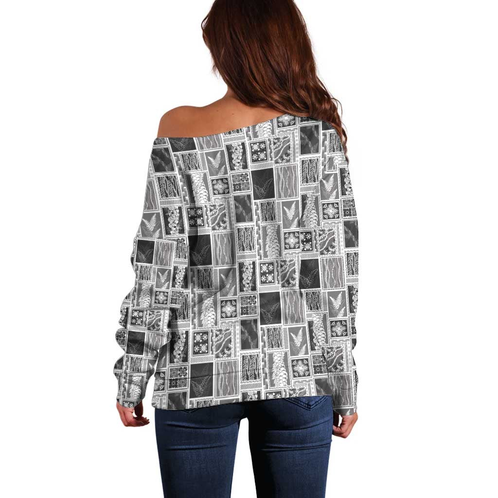 Vintage Aloha Block Quilt Off Shoulder Sweater Black Inspired Lei Motifs - Polynesian Pride