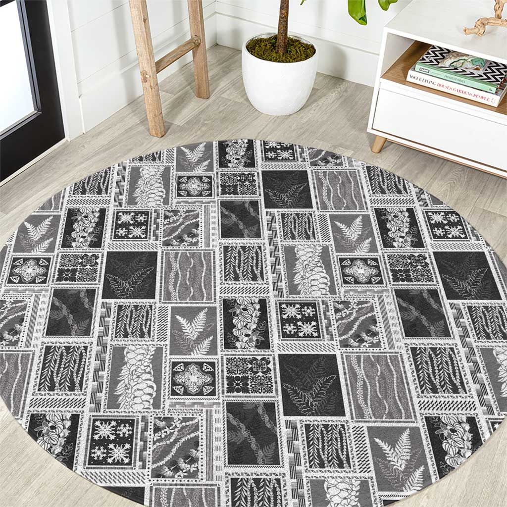 Vintage Aloha Block Quilt Round Carpet Black Inspired Lei Motifs LT9 Black - Polynesian Pride
