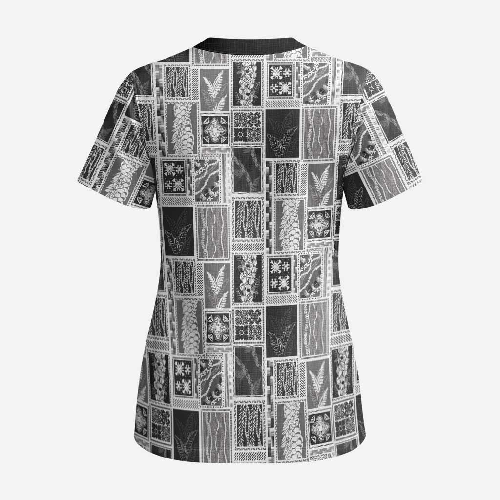 Vintage Aloha Block Quilt Scrub Top Black Inspired Lei Motifs LT9 - Polynesian Pride