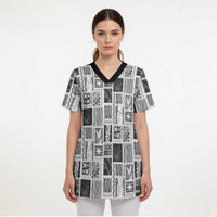Vintage Aloha Block Quilt Scrub Top Black Inspired Lei Motifs LT9 - Polynesian Pride