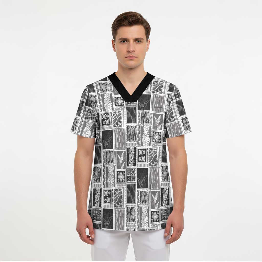 Vintage Aloha Block Quilt Scrub Top Black Inspired Lei Motifs LT9 - Polynesian Pride