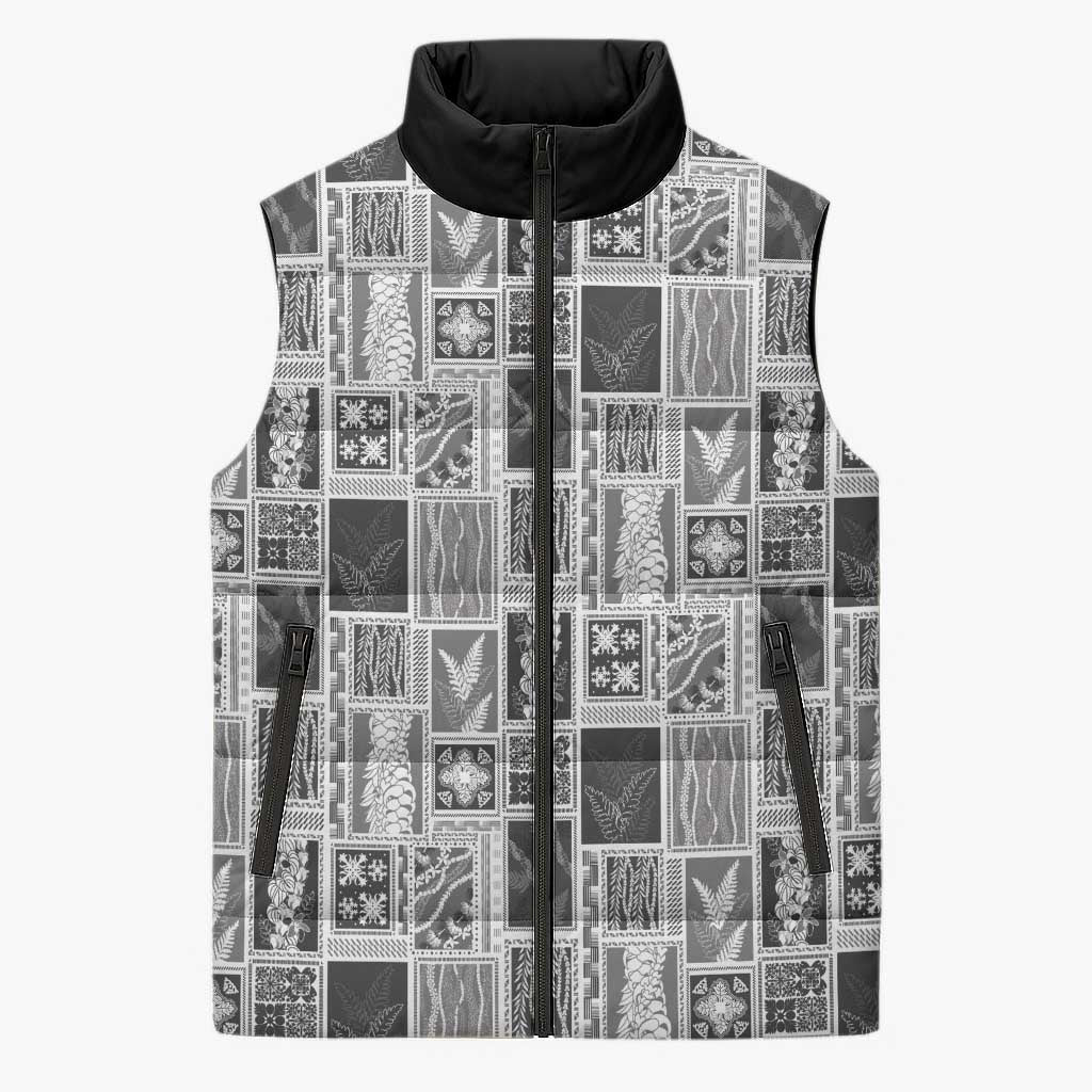 Vintage Aloha Block Quilt Sleeveless Puffer Jacket Black Inspired Lei Motifs LT9 Unisex Black - Polynesian Pride