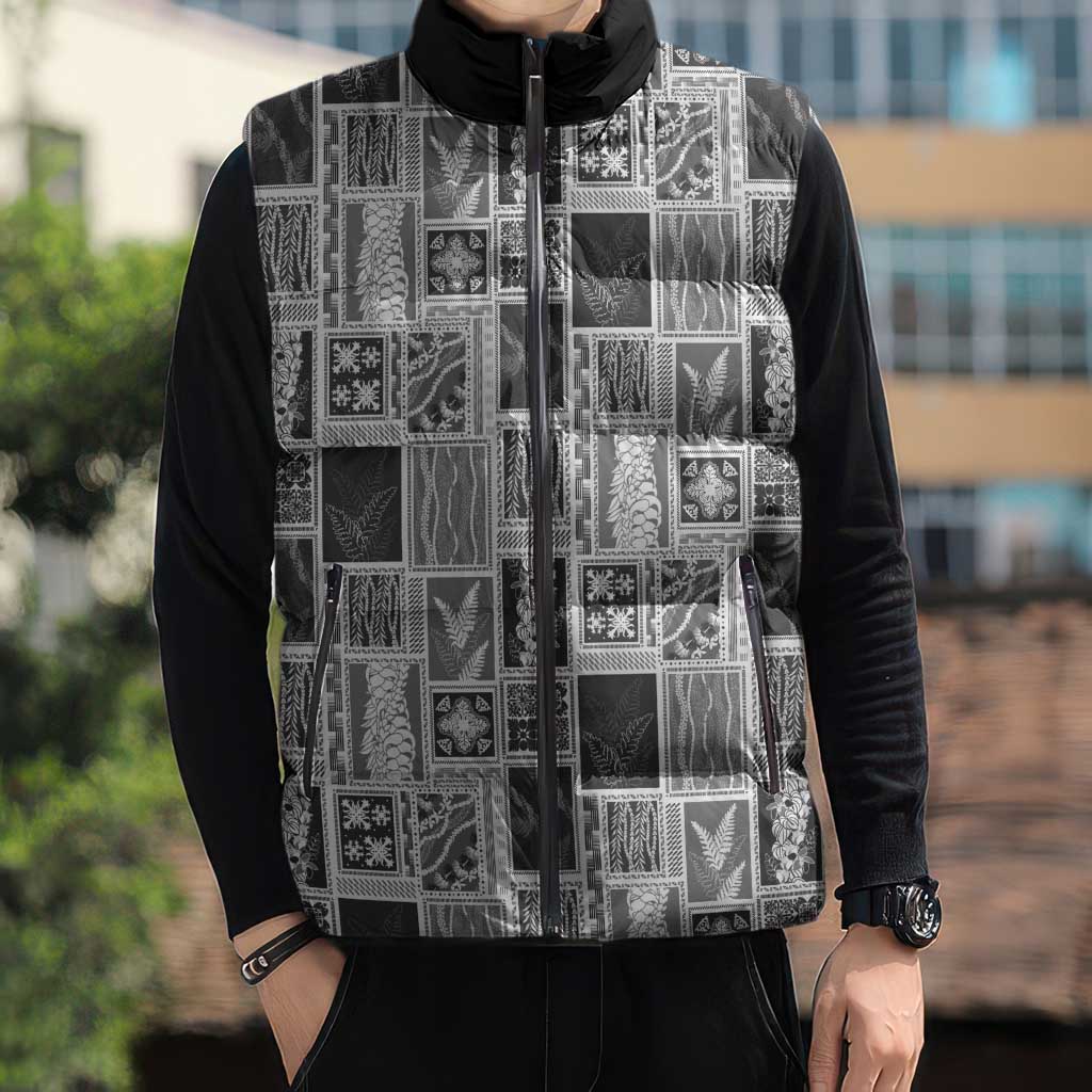 Vintage Aloha Block Quilt Sleeveless Puffer Jacket Black Inspired Lei Motifs - Polynesian Pride