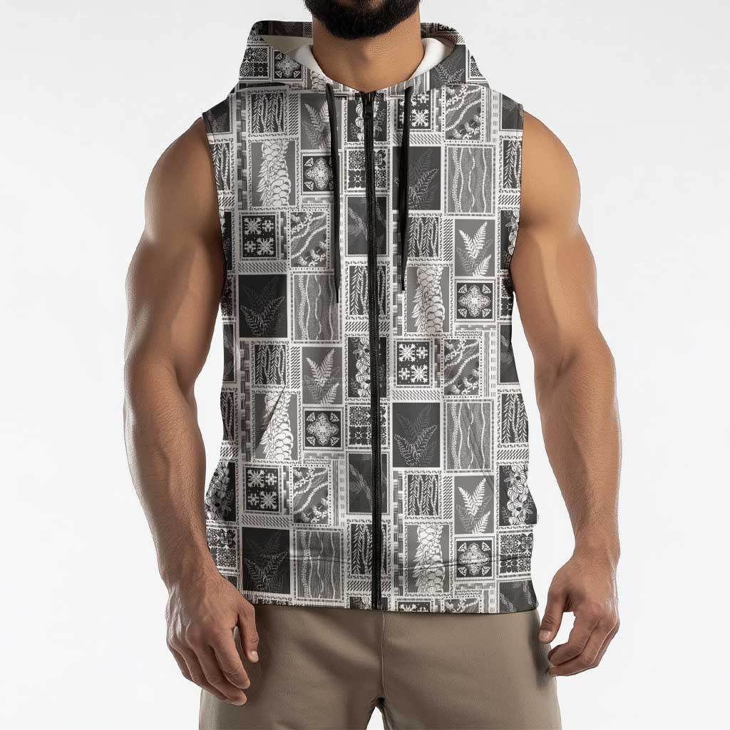 Vintage Aloha Block Quilt Sleeveless Zip Hoodie Black Inspired Lei Motifs LT9 - Polynesian Pride