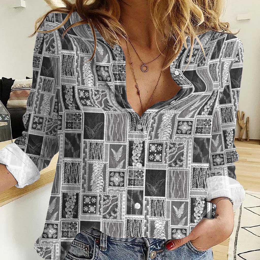 Vintage Aloha Block Quilt Women Casual Shirt Black Inspired Lei Motifs LT9 Female Black - Polynesian Pride