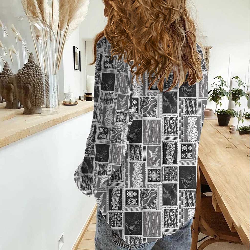 Vintage Aloha Block Quilt Women Casual Shirt Black Inspired Lei Motifs LT9 - Polynesian Pride
