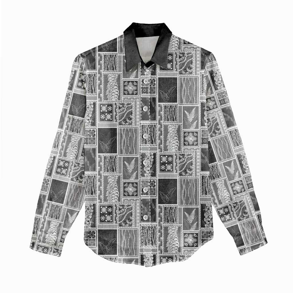 Vintage Aloha Block Quilt Women Casual Shirt Black Inspired Lei Motifs LT9 - Polynesian Pride